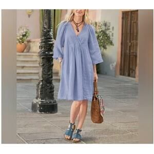 Sundance 100% Linen 3/4 Sleeve Midi Dress Womens Medium Violet Purple Blue